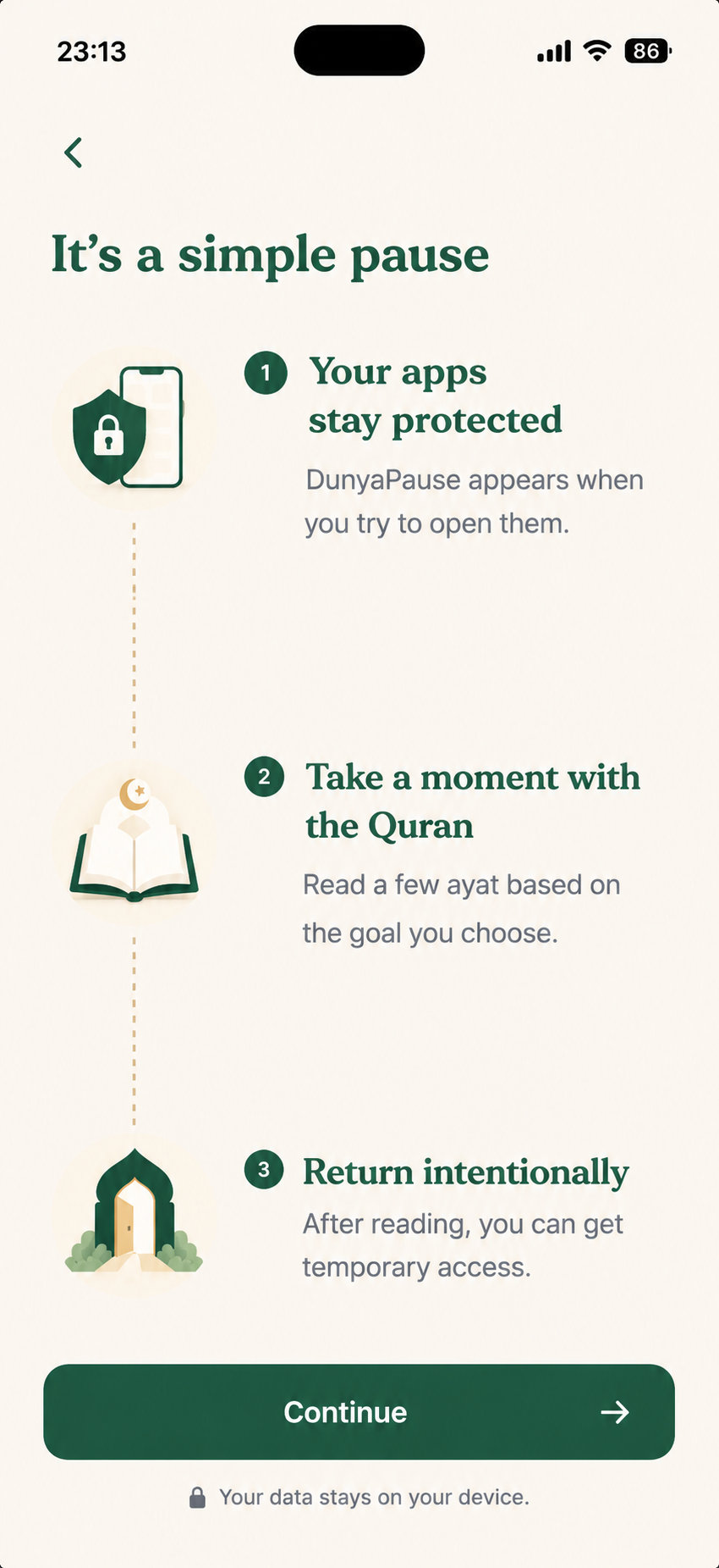 DunyaPause onboarding explaining the simple pause flow.